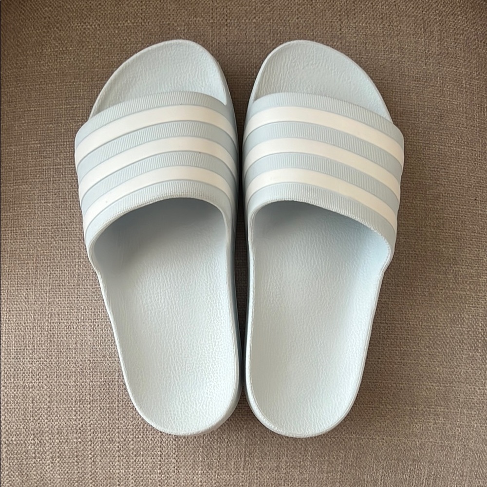 Adidas Sky Blue Slides with White Stripes